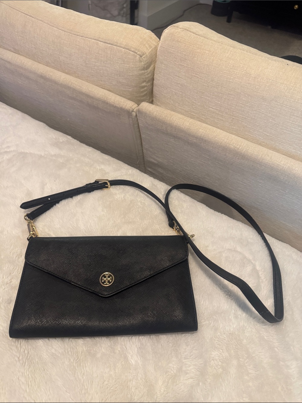 Tory Burch Black Saffiano Envelope Crossbody with Gold Logo